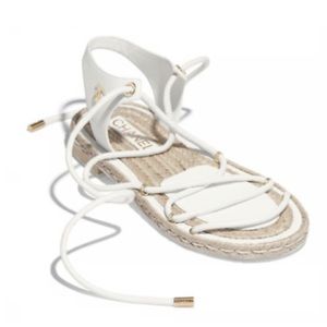 Chanel 20S White Lambskin CC Logo Mules Lace Up Tie Sandal Espadrille Flat 36